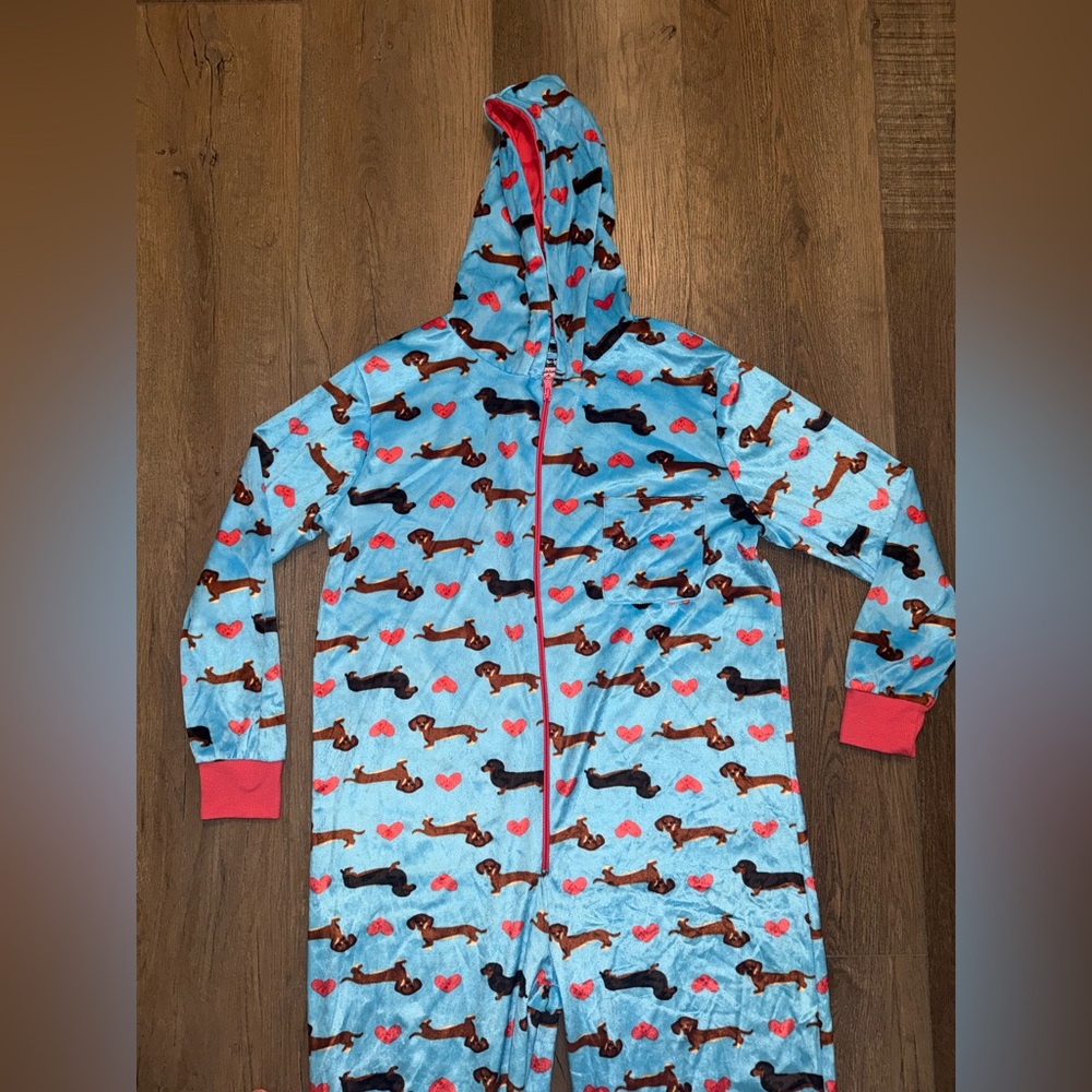 Women’s Blue Dachshund Print Zip-Up Pajamas Hooded - Picture 6 of 7